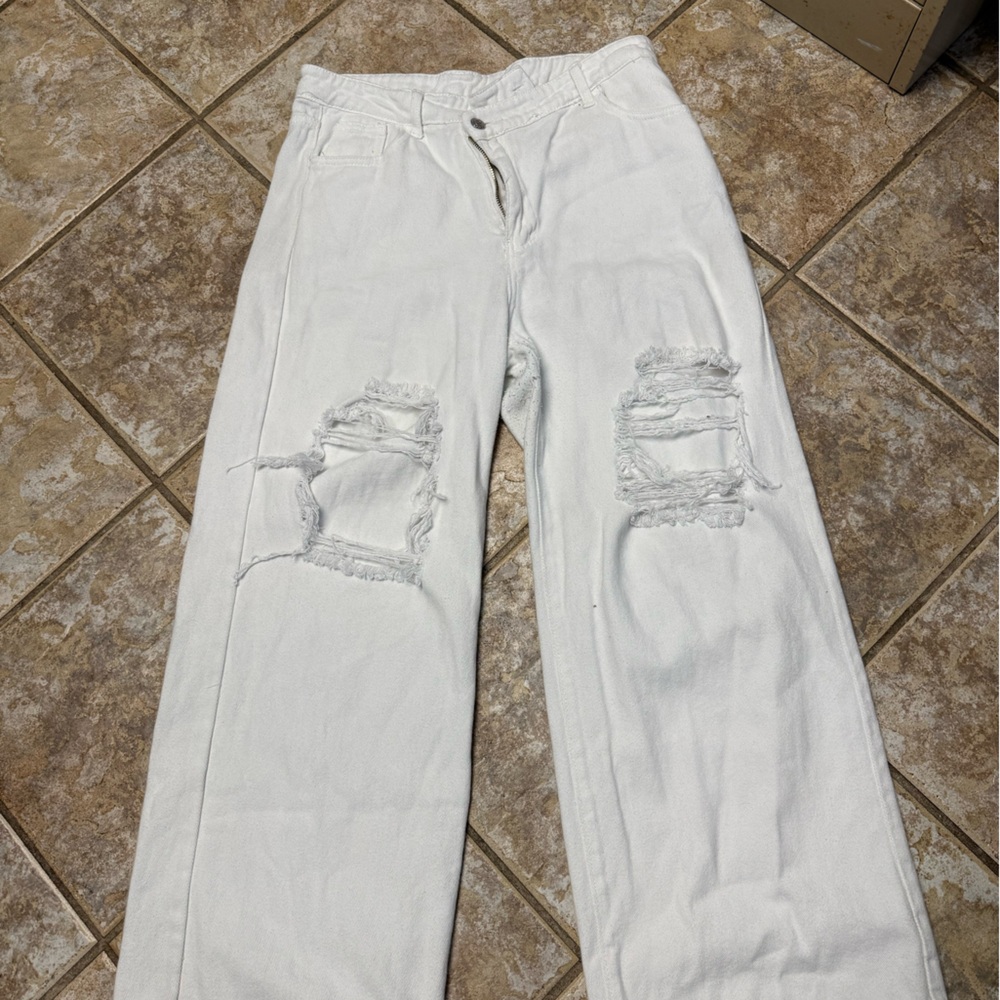 White Distressed Wide-Leg Jeans